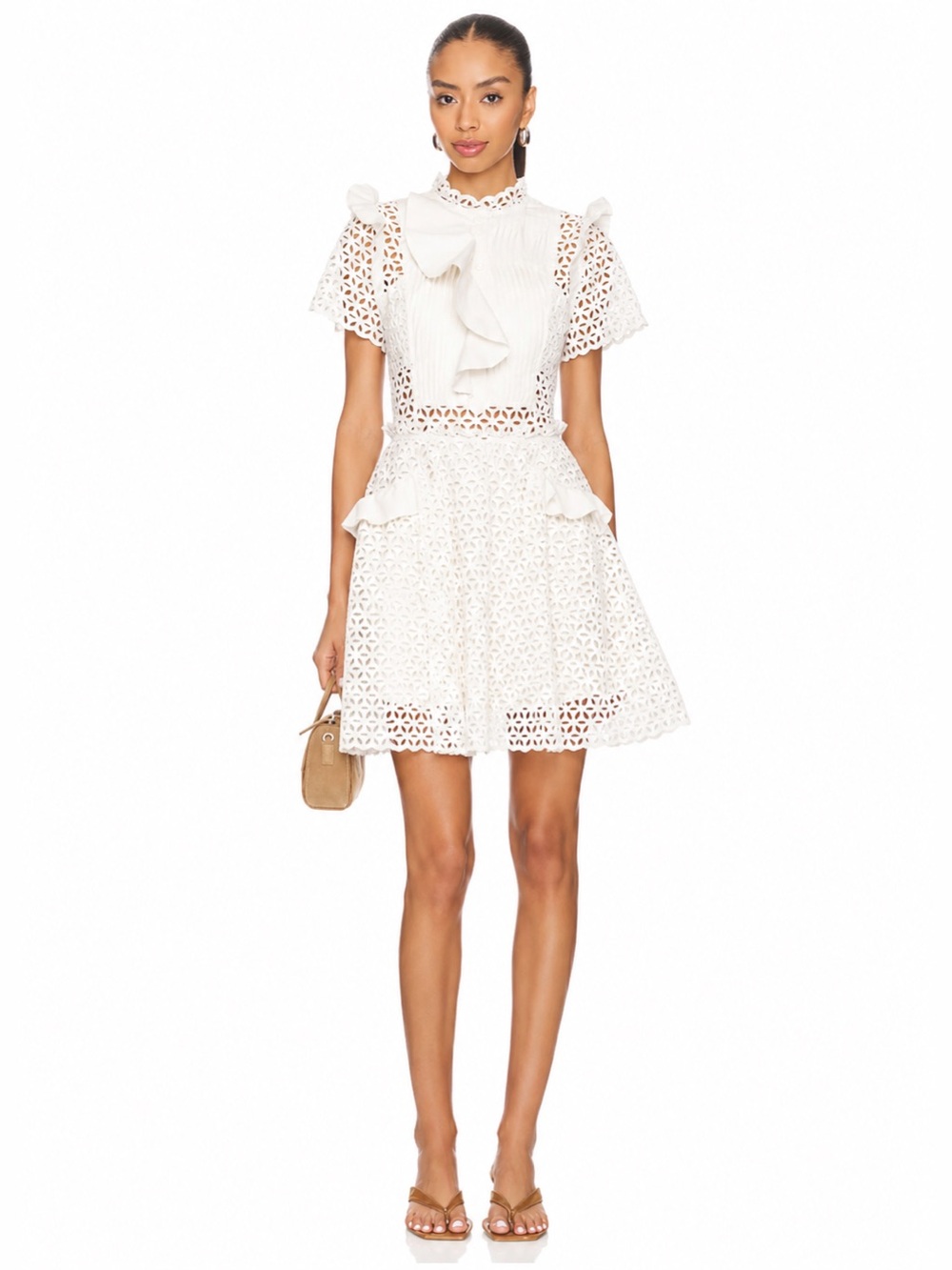 Self-Portrait White Eyelet Ruffle Detail Short Sleeve Dress Size 8